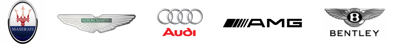 Various logotypes: Maserati, Aston Martin, Audi, AMG, Bentley